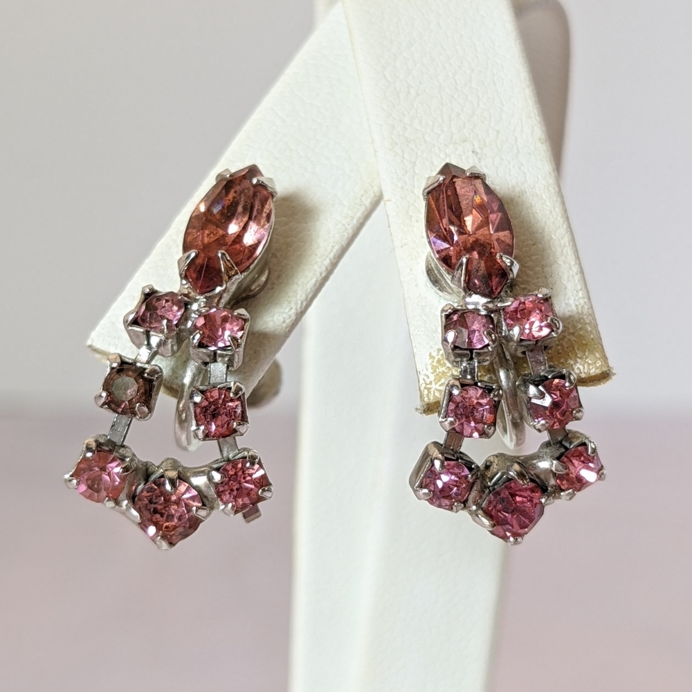 Vintage silver & pink rhinestone screw earrings